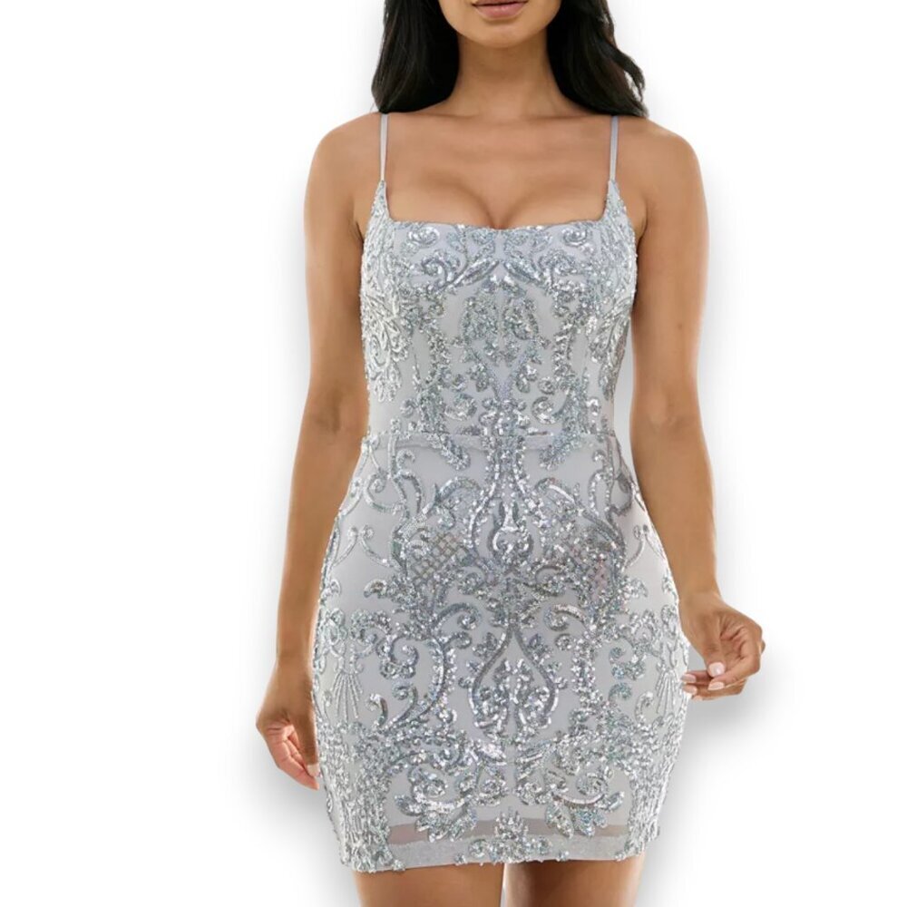 B. Darlin Formal Silver Sequin Bodycon Mini Dress Formal Homecoming - Picture 1 of 9